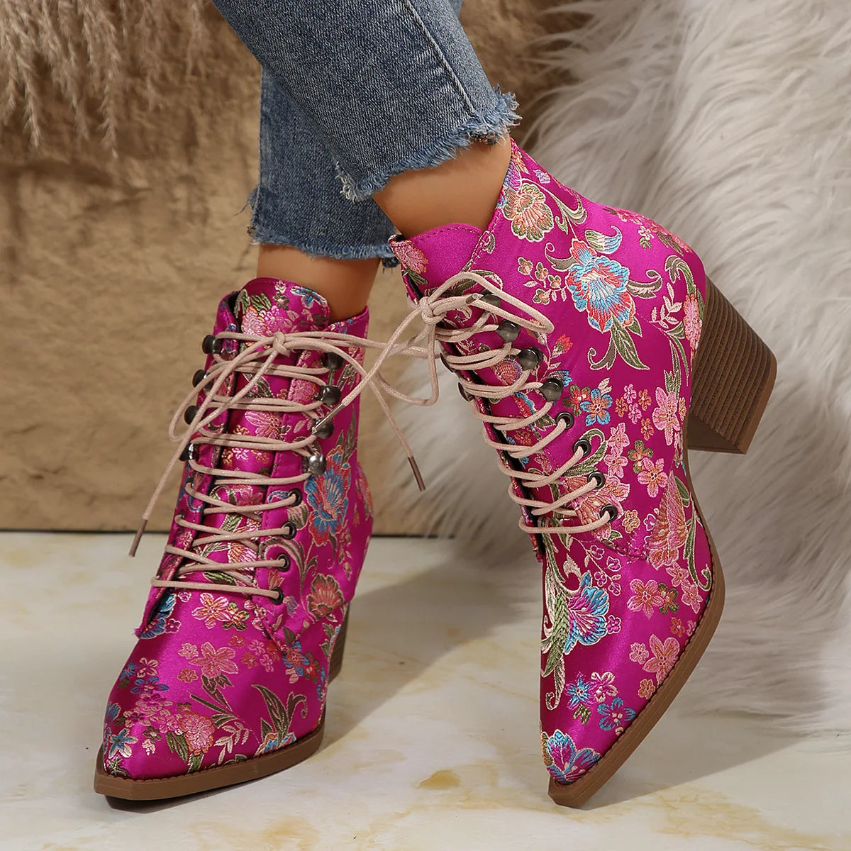 Ethnic Pointed-Toe Ankle Boots for Women Embroidered Platform Heels Fashion Spring Winter Ladies Shoes Botas