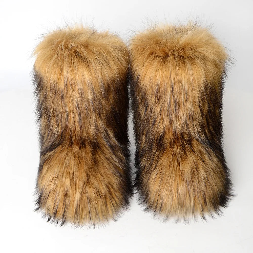 Women's Winter Snow Boots Outdoor Luxury Furry Faux Fox Fur Boots Woman Plush Warm Platform Shoes New Fashion Bottes Big Size 46