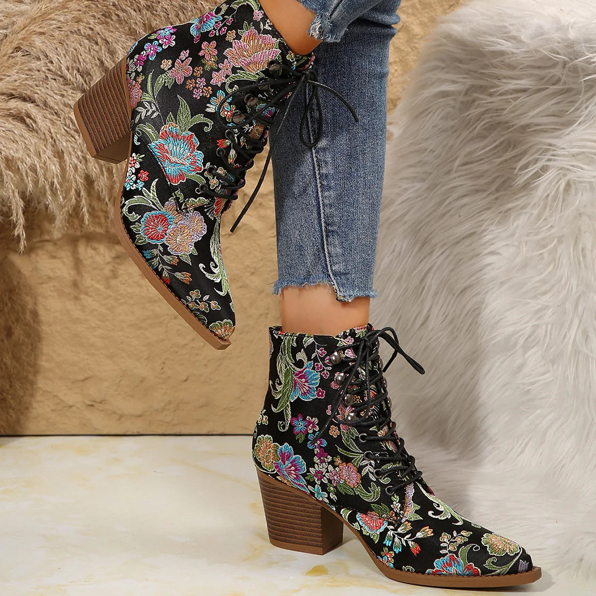 Ethnic Pointed-Toe Ankle Boots for Women Embroidered Platform Heels Fashion Spring Winter Ladies Shoes Botas