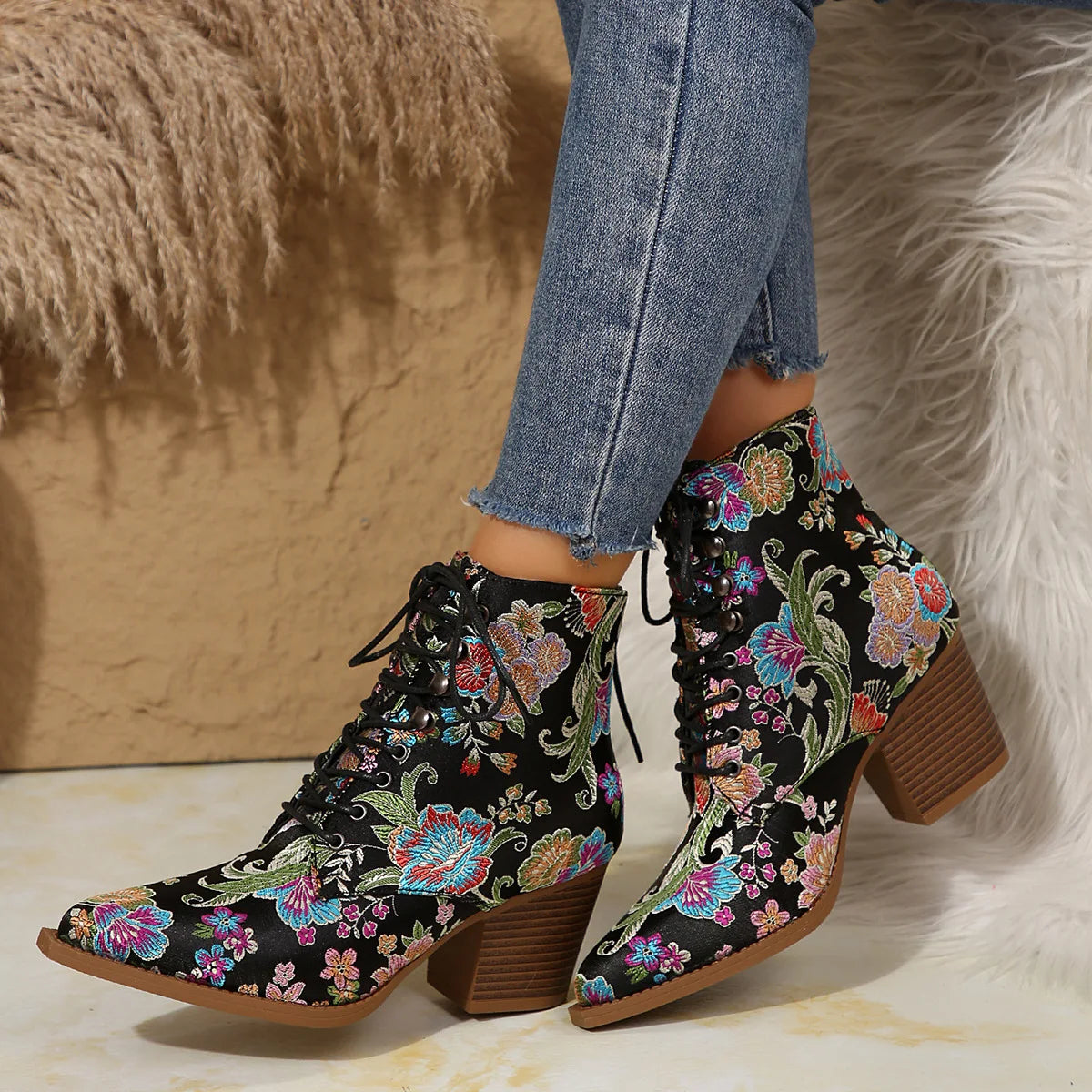 Ethnic Pointed-Toe Ankle Boots for Women Embroidered Platform Heels Fashion Spring Winter Ladies Shoes Botas