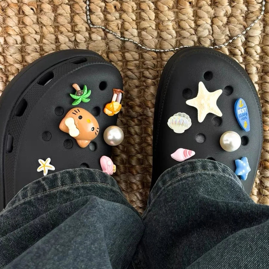 Summer Beach Ocean Theme Resin Shoe Charms Cute Hello Kitty Cat Starfish Shell Designs DIY Shoe Accessories Women Girls Gifts