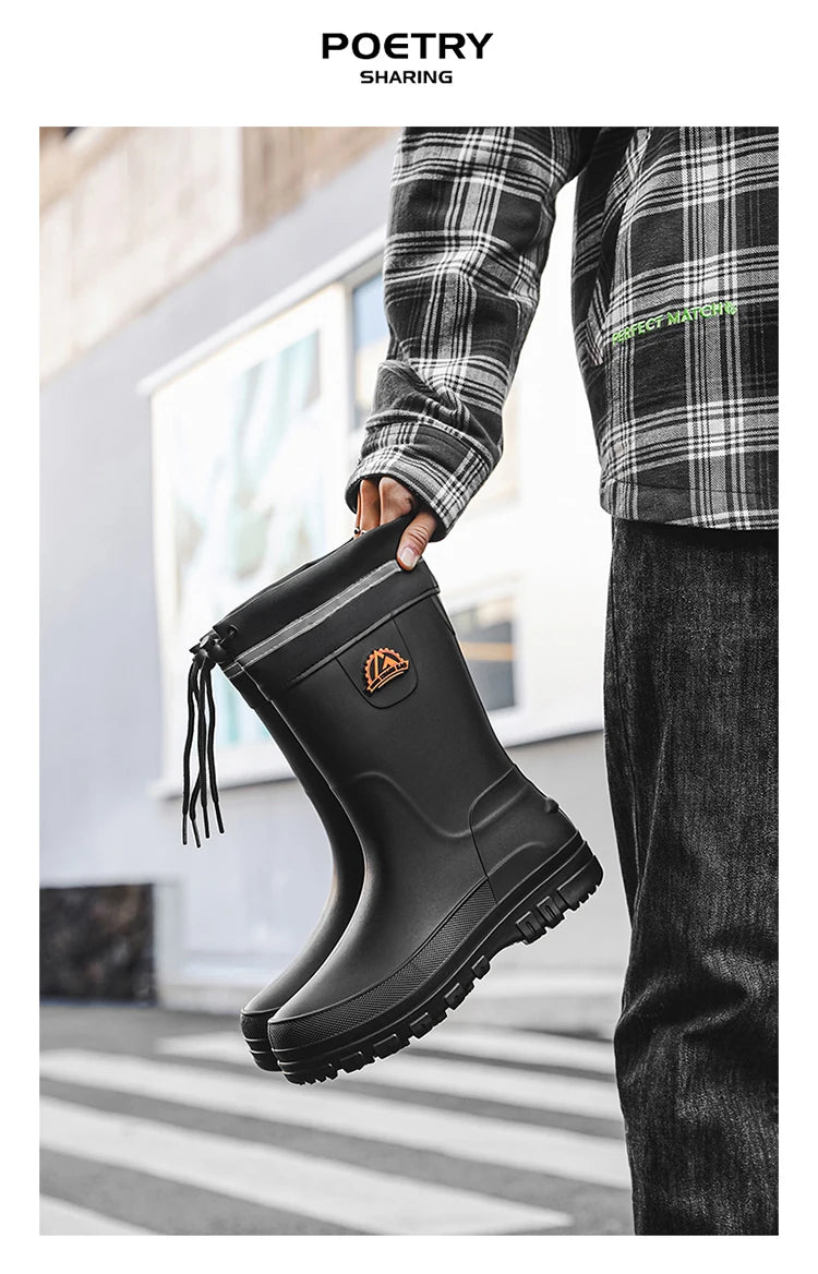 Men's Winter Fleece Lined Mid-Calf Rain Boots Anti-Slip Waterproof Work Rubber Boots Car Wash Fishing Outdoor Wear Water Shoes