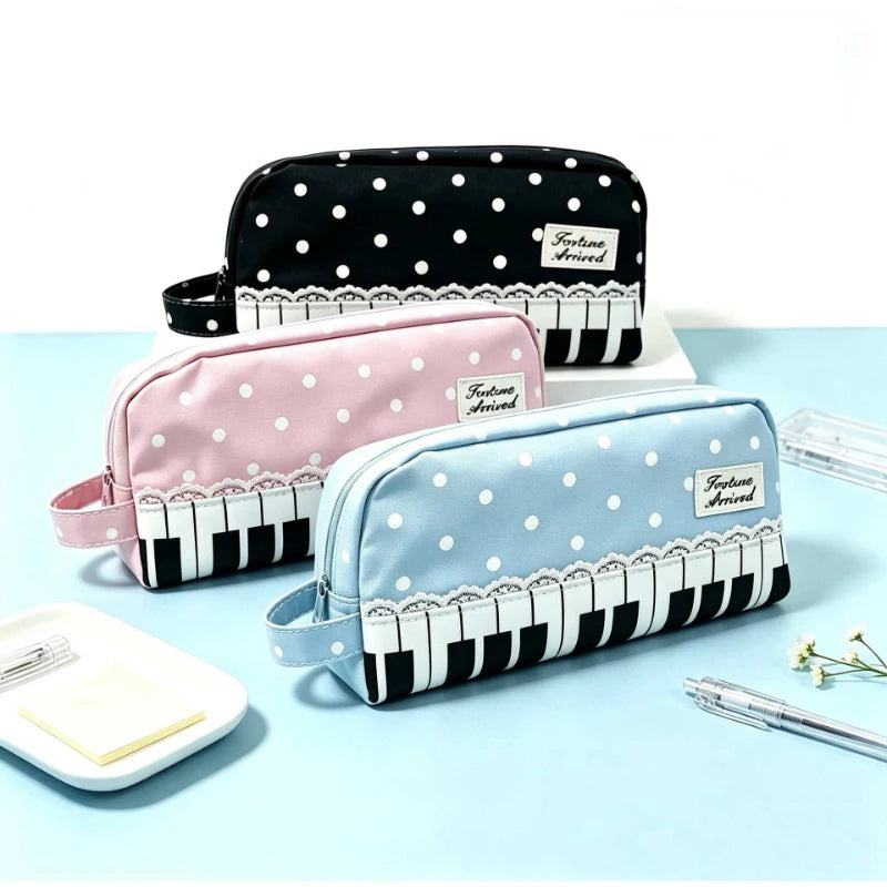 Polka Dot Piano Keyboard Backpack Back-to-school Girl Music Theme Embroidered Nylon Backpack Large Capacity Lightweight Backpack