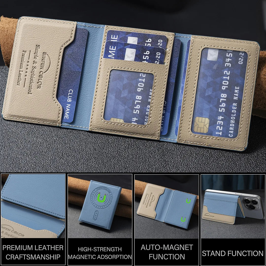 Suitable for IPhone 16 Three Fold Magnetic Wallet Card Holder, Magnetic Wallet Back Suction Universal Mobile Phone Card Bag