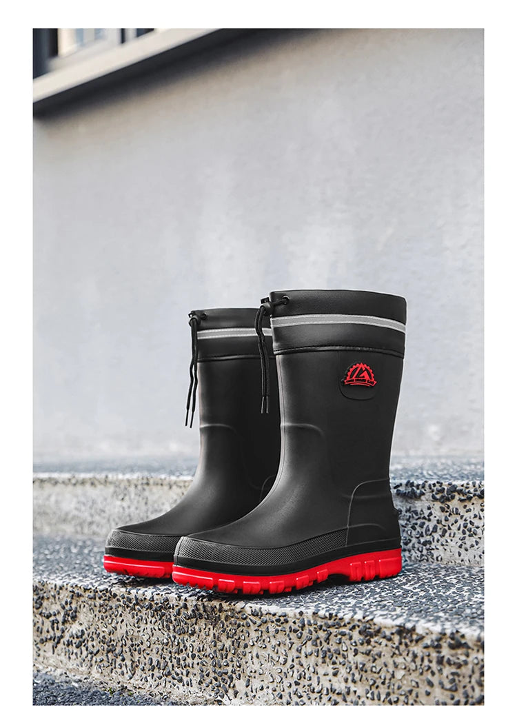 Men's Winter Fleece Lined Mid-Calf Rain Boots Anti-Slip Waterproof Work Rubber Boots Car Wash Fishing Outdoor Wear Water Shoes
