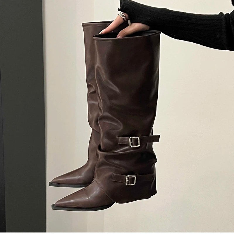 Retro Style Women Knee High Boots Fashion Belt Buckle Shoes Autumn Winter Wedges Heel Women's Knight Long Booties