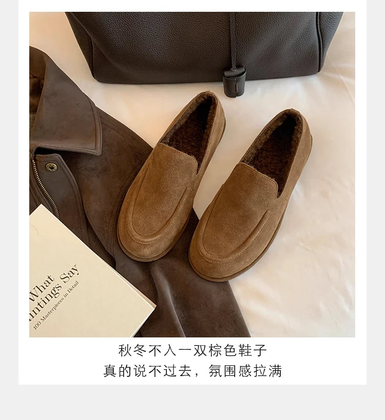 New Suede Leather Loafers Woman Round Toe Slip-on Casual Flat Shoes Wool Warm Winter Shoes Outdoors Walk Shoes Women