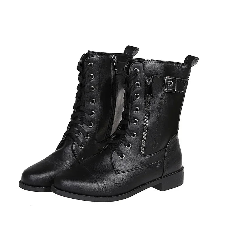 Women's Square Heels Ankle Booties Autumn Winter PU Leather Short Work Boots Woman Plus Size Lace Up Elastic Botas Mujer 2024