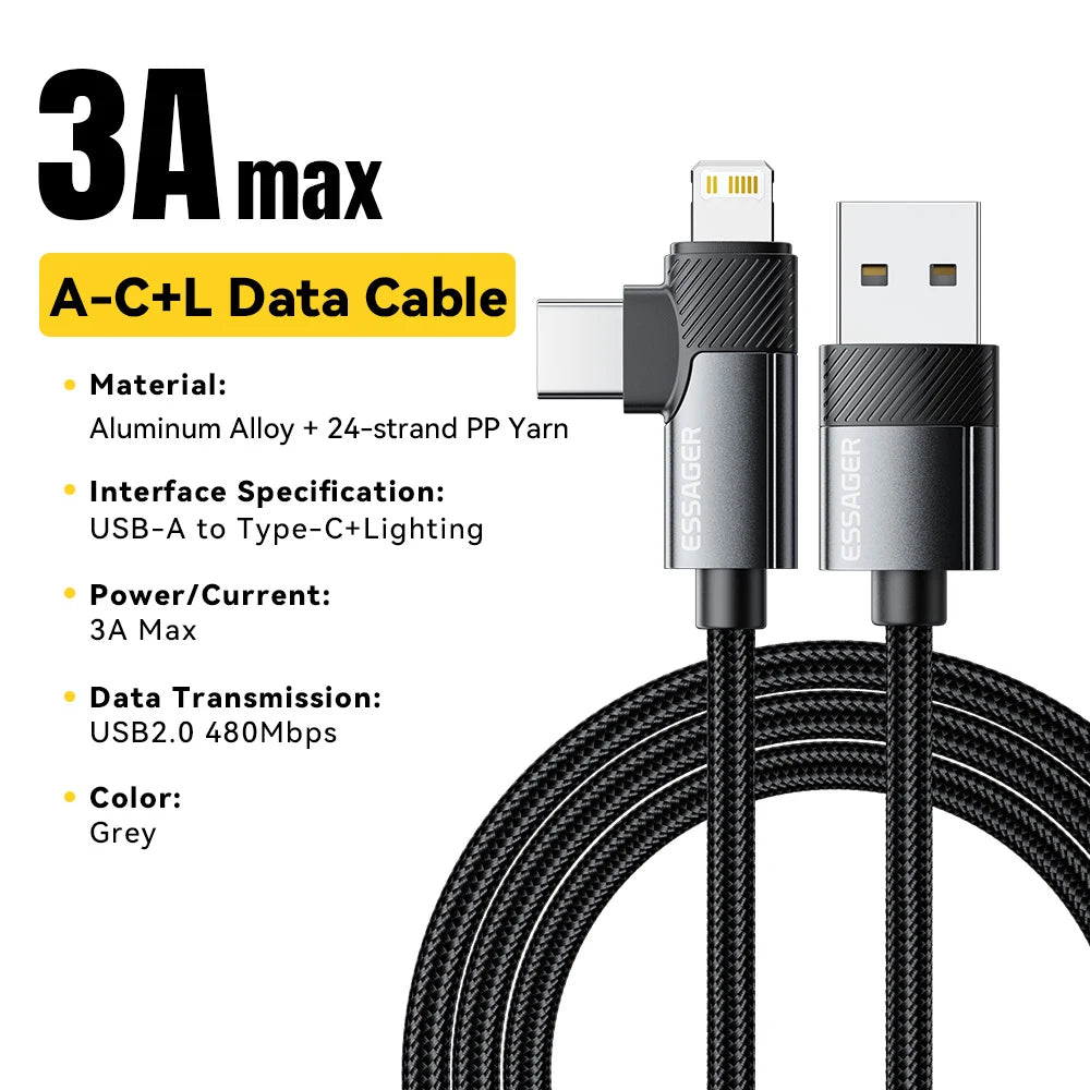 Essager PD 2 in 1 USB A Cable 90 Degree Angle Type C/Lightning Fast Charging Cable For iPhone 16 15 14Pro Max iPad Xiaomi Huawei