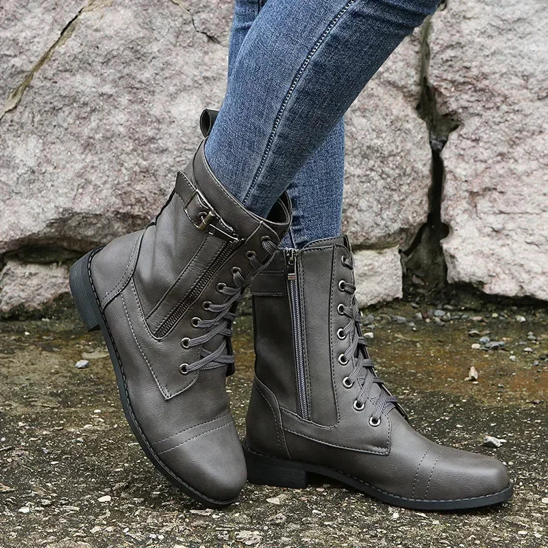 Women's Square Heels Ankle Booties Autumn Winter PU Leather Short Work Boots Woman Plus Size Lace Up Elastic Botas Mujer 2024