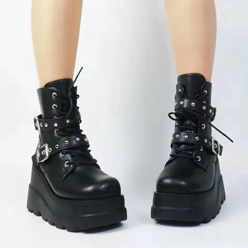 New Women's Pu Leather Ankle Boots Women Autumn Winter Round Toe Lace Up Shoes Woman Motorcycle Platform Botas Gothic Shoes
