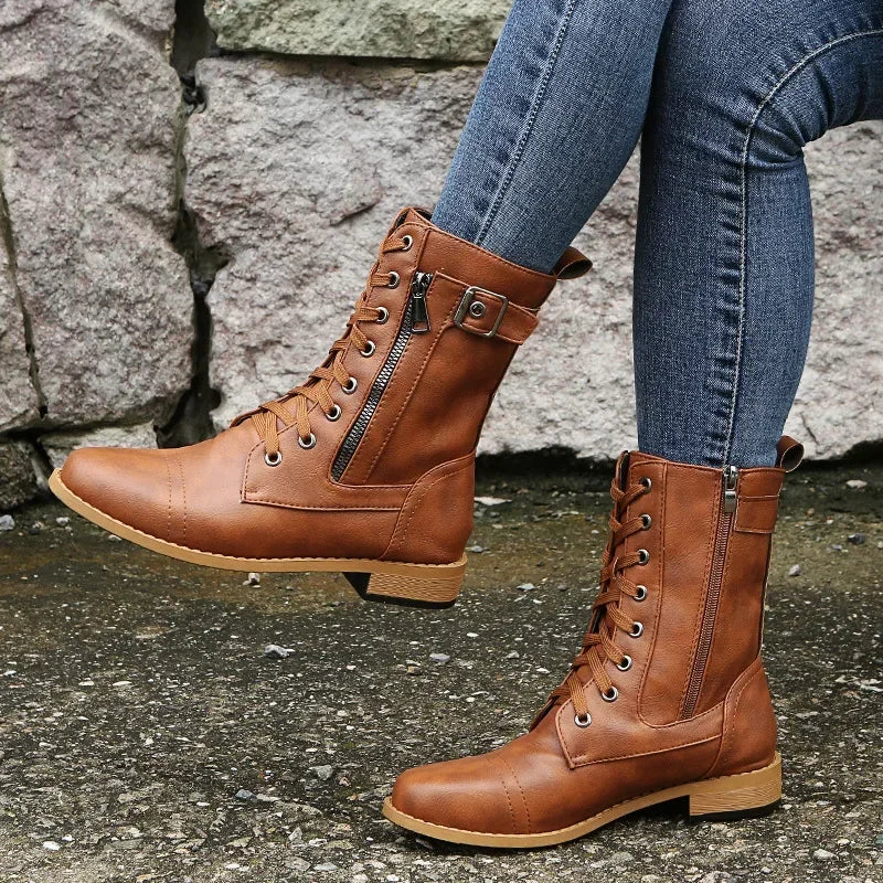 Women's Square Heels Ankle Booties Autumn Winter PU Leather Short Work Boots Woman Plus Size Lace Up Elastic Botas Mujer 2024