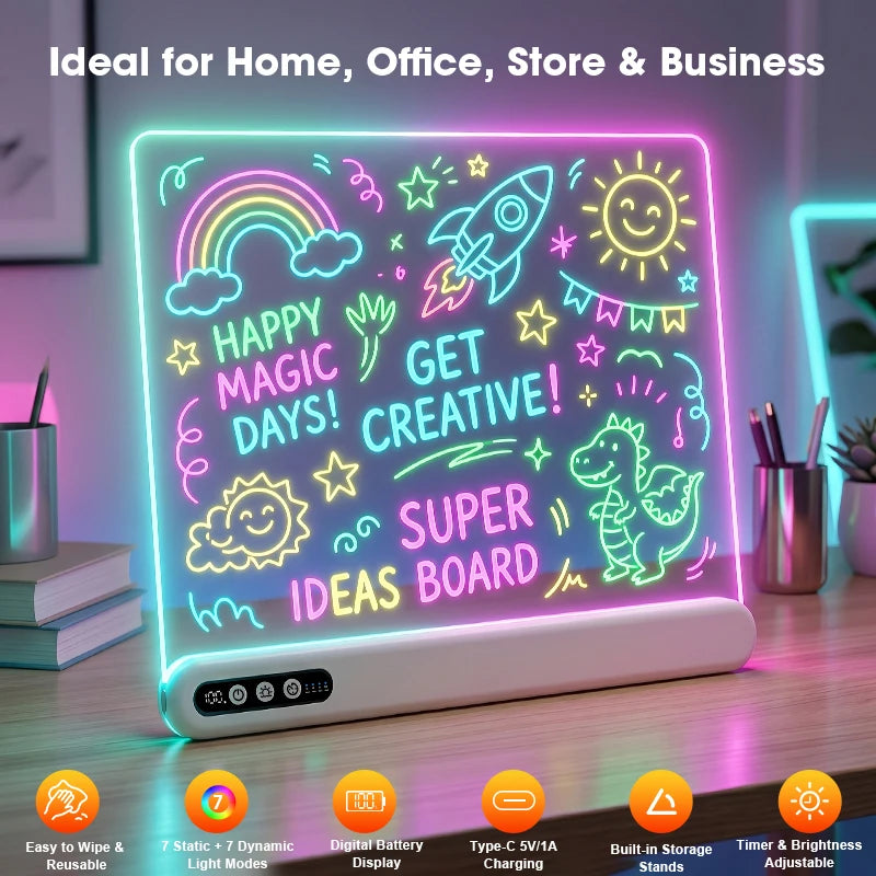 LED Drawing Board for Kids Rechargeable Light-Up Acrylic Neon Board with Timer and Built-in Stand Digital Battery