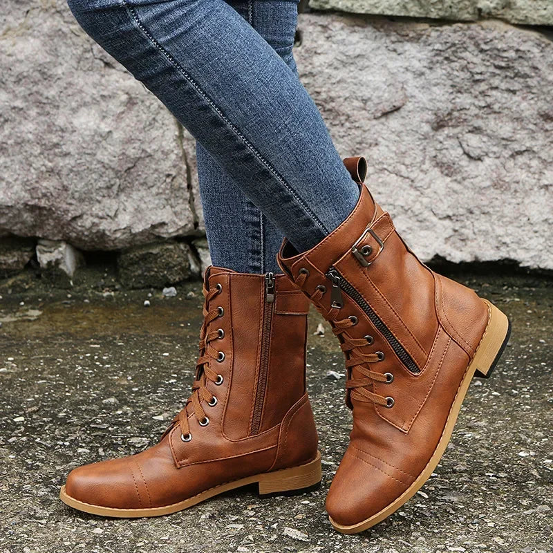 Women's Square Heels Ankle Booties Autumn Winter PU Leather Short Work Boots Woman Plus Size Lace Up Elastic Botas Mujer 2024