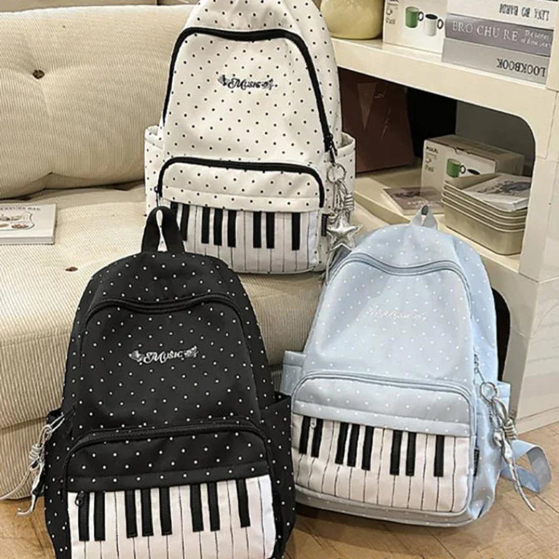 Polka Dot Piano Keyboard Backpack Back-to-school Girl Music Theme Embroidered Nylon Backpack Large Capacity Lightweight Backpack