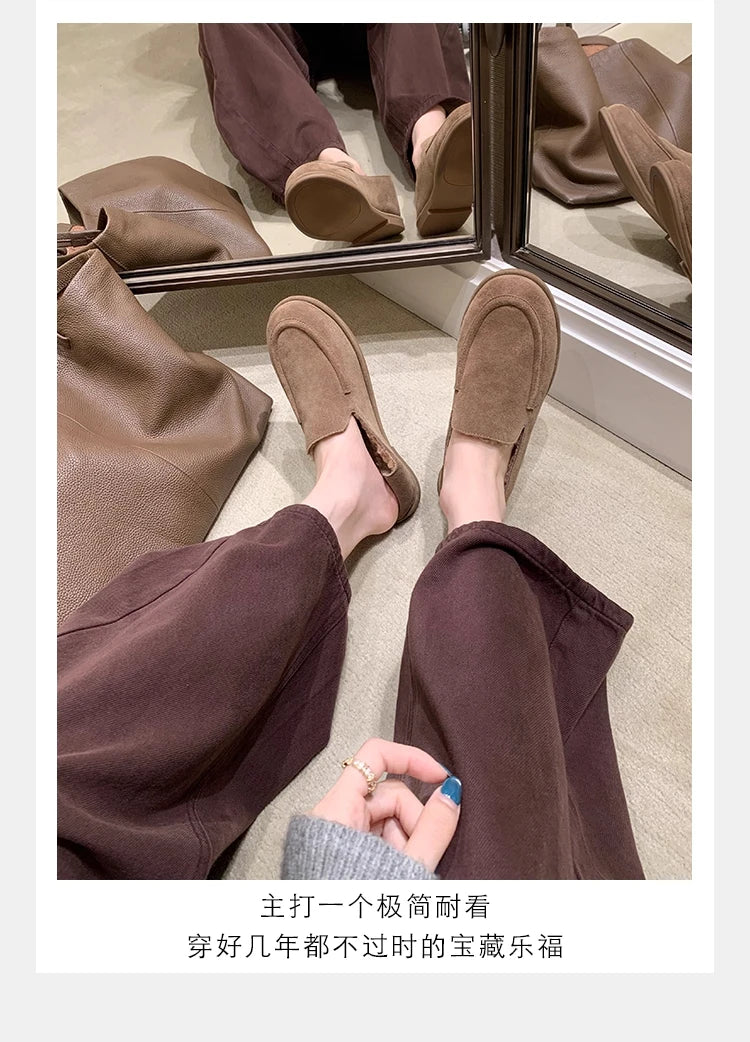 New Suede Leather Loafers Woman Round Toe Slip-on Casual Flat Shoes Wool Warm Winter Shoes Outdoors Walk Shoes Women
