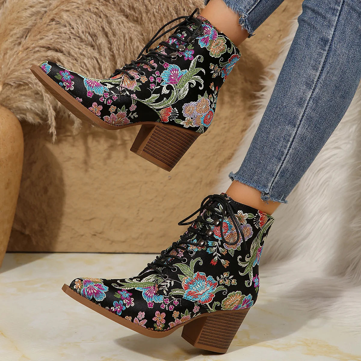 Ethnic Pointed-Toe Ankle Boots for Women Embroidered Platform Heels Fashion Spring Winter Ladies Shoes Botas