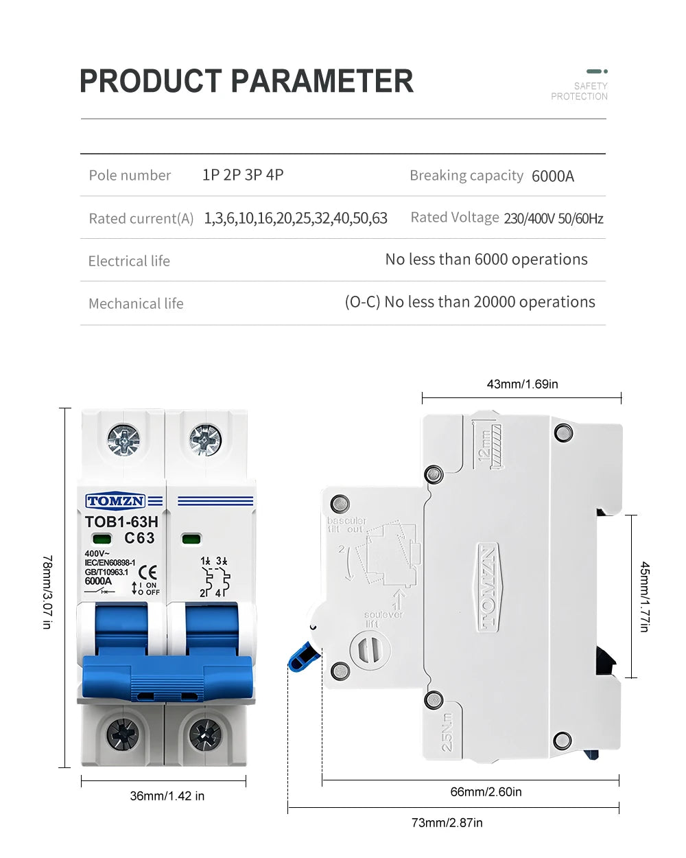 TOMZN 2P AC MCB TOB1-63H C Type 230/400V~ 50/60Hz Mini Circuit Breaker 3A 6A 10A 16A 20A 25A 32A 40A 50A 63A