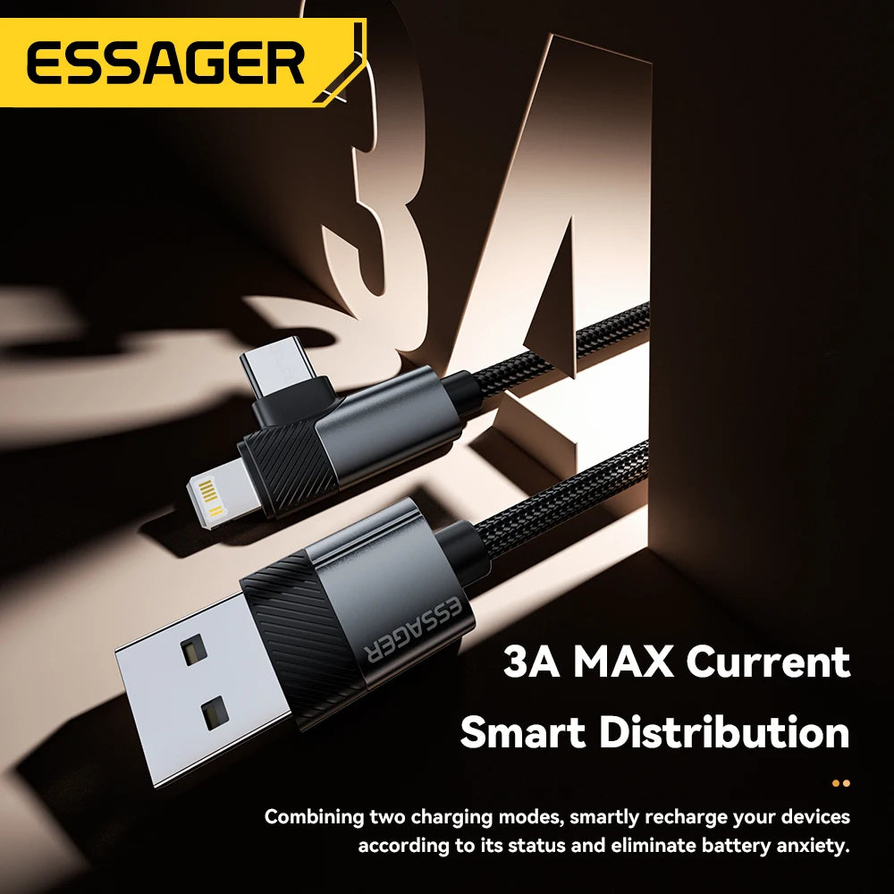 Essager PD 2 in 1 USB A Cable 90 Degree Angle Type C/Lightning Fast Charging Cable For iPhone 16 15 14Pro Max iPad Xiaomi Huawei