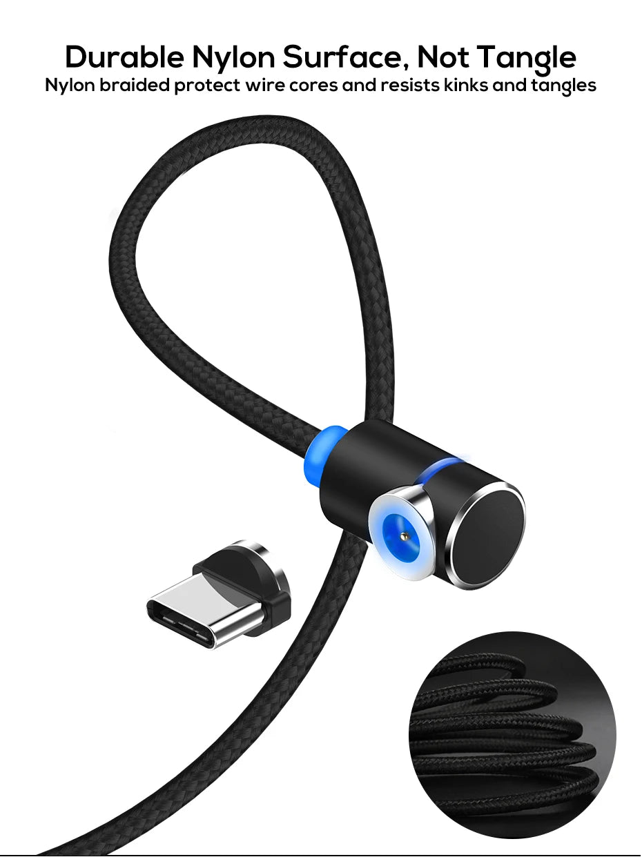 TOPK Magnetic Charging Cable 360° Rotating Magnetic Phone Charger Cable with LED Light, 90° Angle Connector, Nylon-Braided Cor