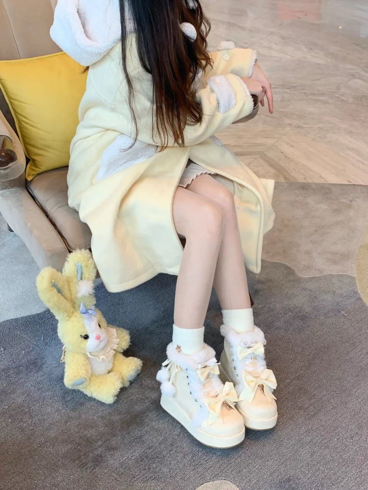 Sweet Girls Lolita Winter Snow Boots,Students Cute Plush Warm Bowknots PU Leather Lace Up Heightening Platform Shoes