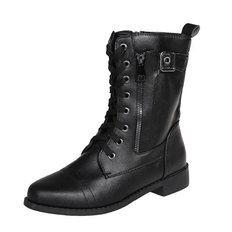 Women's Square Heels Ankle Booties Autumn Winter PU Leather Short Work Boots Woman Plus Size Lace Up Elastic Botas Mujer 2024