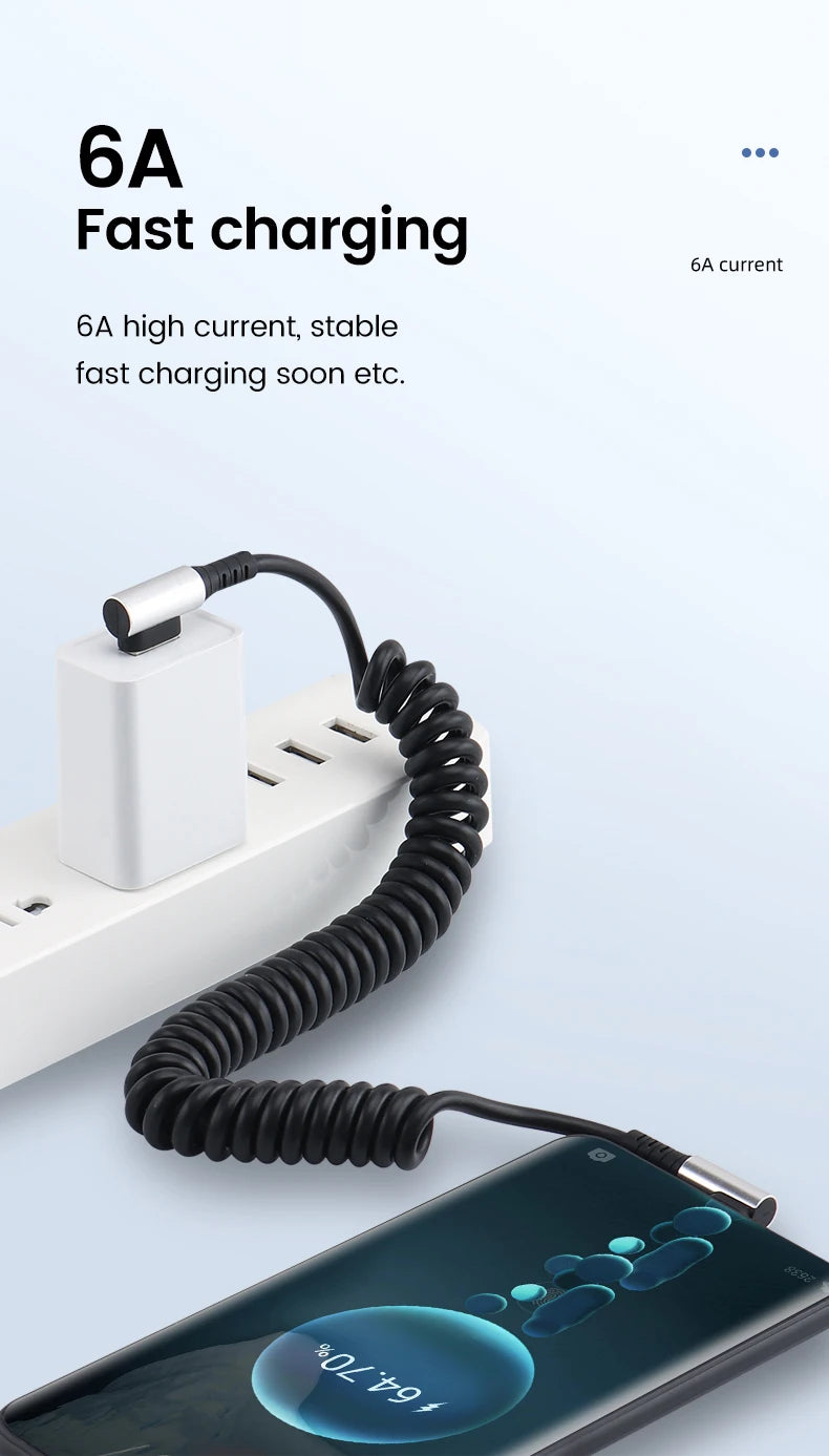 90 Degree Elbow Spring Cable USB Type C 6A Fast Charging 0.35-1.6M Retractable Data USB C To Type C Cable For iphone 15 Android