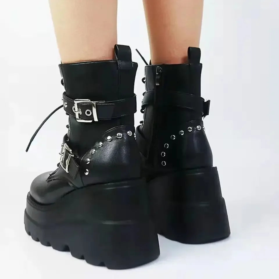 New Women's Pu Leather Ankle Boots Women Autumn Winter Round Toe Lace Up Shoes Woman Motorcycle Platform Botas Gothic Shoes