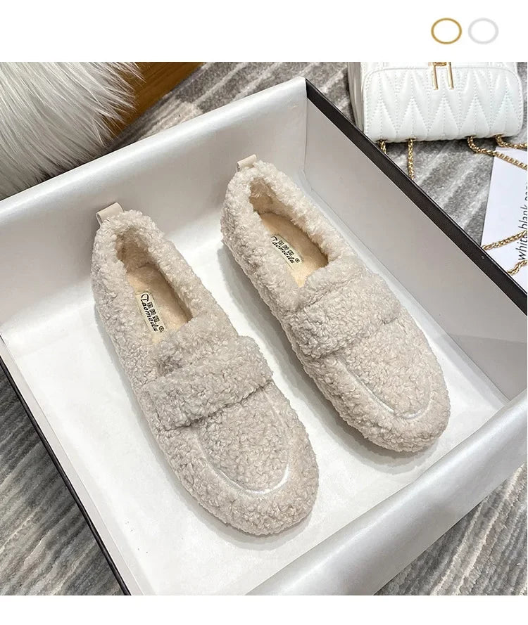 Lambwool Moccasins Femme Curly Sheep Fur Flats Woman Warm Plush Loafers Winter Cotton Shoes Women Furry Snow Boot
