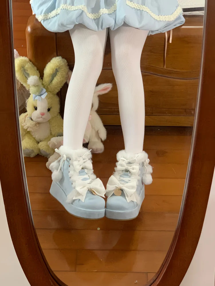 Sweet Girls Lolita Winter Snow Boots,Students Cute Plush Warm Bowknots PU Leather Lace Up Heightening Platform Shoes