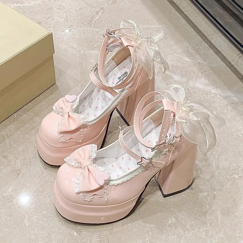 Lolita Shoes Women High Heels Shoes Woman Chunky Sandals Summer Mary Janes PU Leather Shoes Retro Bow Party Platform Pumps
