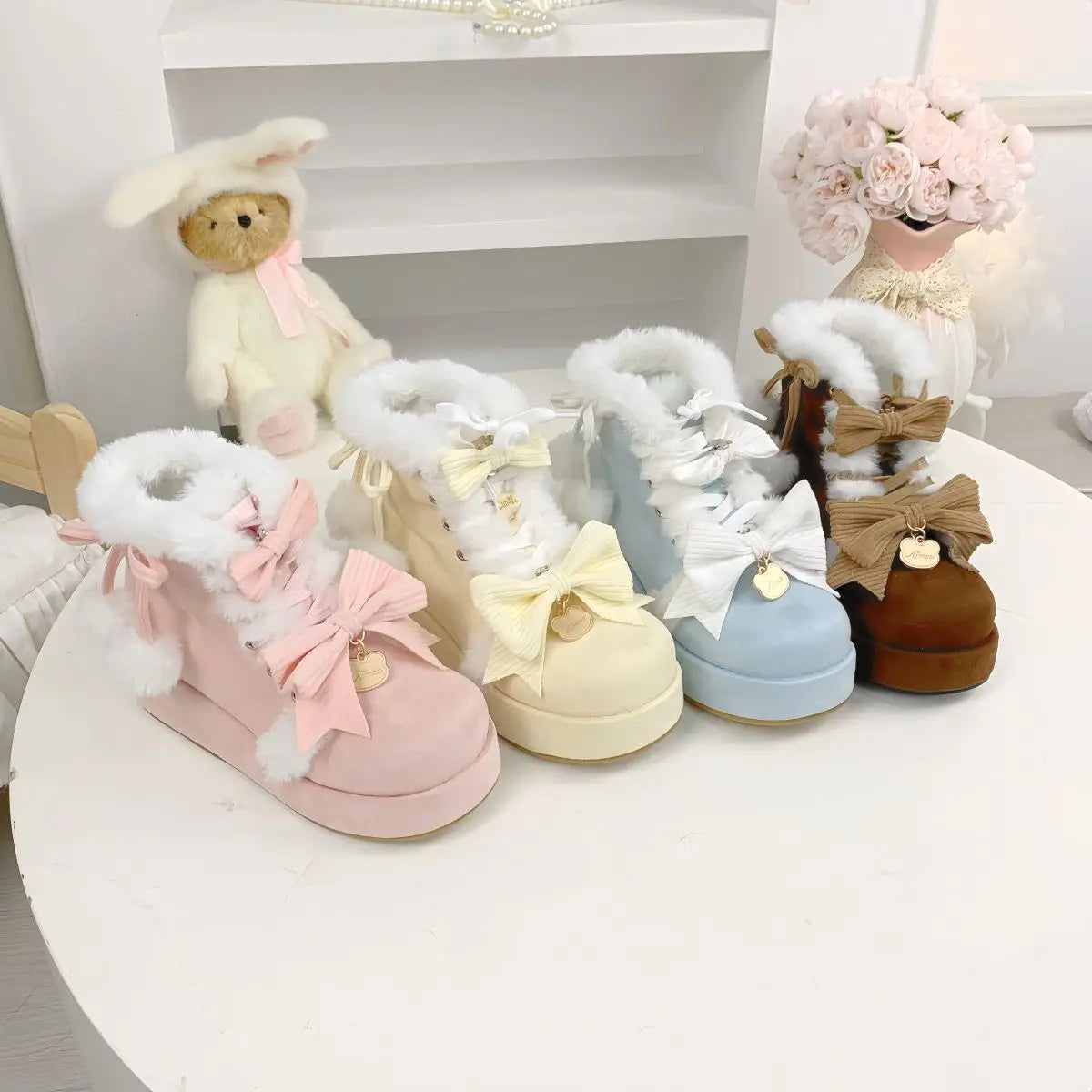 Sweet Girls Lolita Winter Snow Boots,Students Cute Plush Warm Bowknots PU Leather Lace Up Heightening Platform Shoes