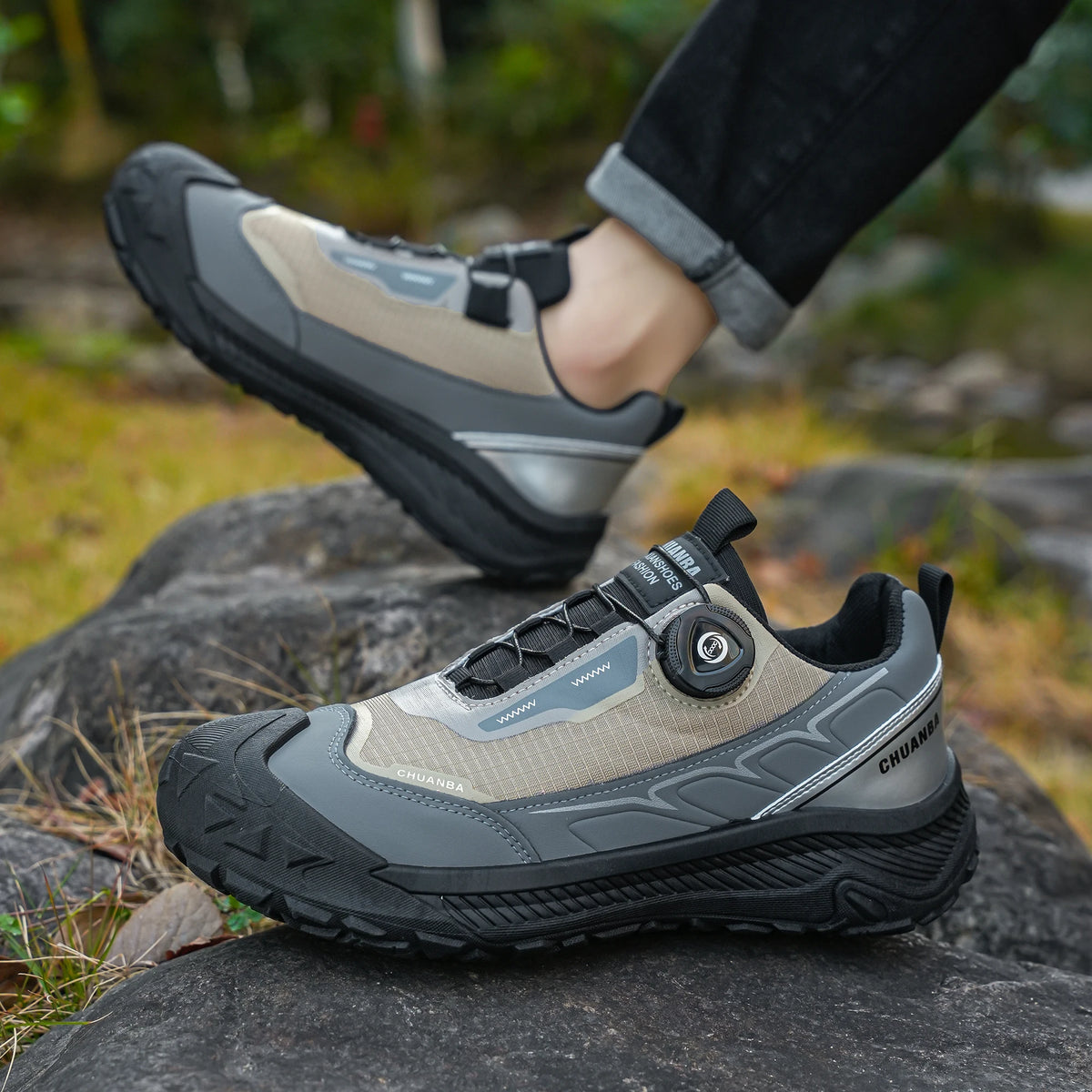 Men's Lightweight Casual Shoes Outdoor Running Shoes in Black Grey Khaki Sizes 39-48 PU Material with Canvas
