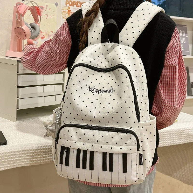 Polka Dot Piano Keyboard Backpack Back-to-school Girl Music Theme Embroidered Nylon Backpack Large Capacity Lightweight Backpack