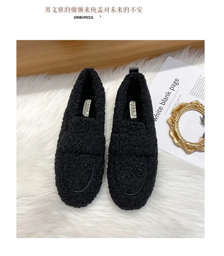 Lambwool Moccasins Femme Curly Sheep Fur Flats Woman Warm Plush Loafers Winter Cotton Shoes Women Furry Snow Boot