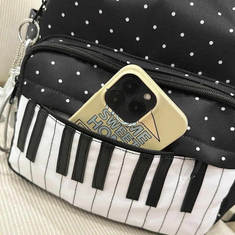Polka Dot Piano Keyboard Backpack Back-to-school Girl Music Theme Embroidered Nylon Backpack Large Capacity Lightweight Backpack