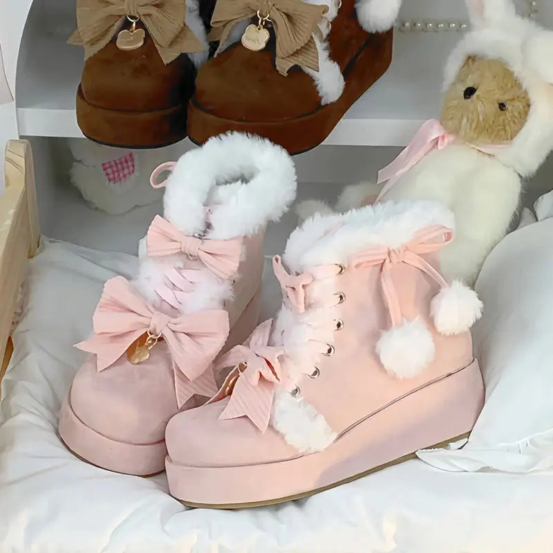Sweet Girls Lolita Winter Snow Boots,Students Cute Plush Warm Bowknots PU Leather Lace Up Heightening Platform Shoes