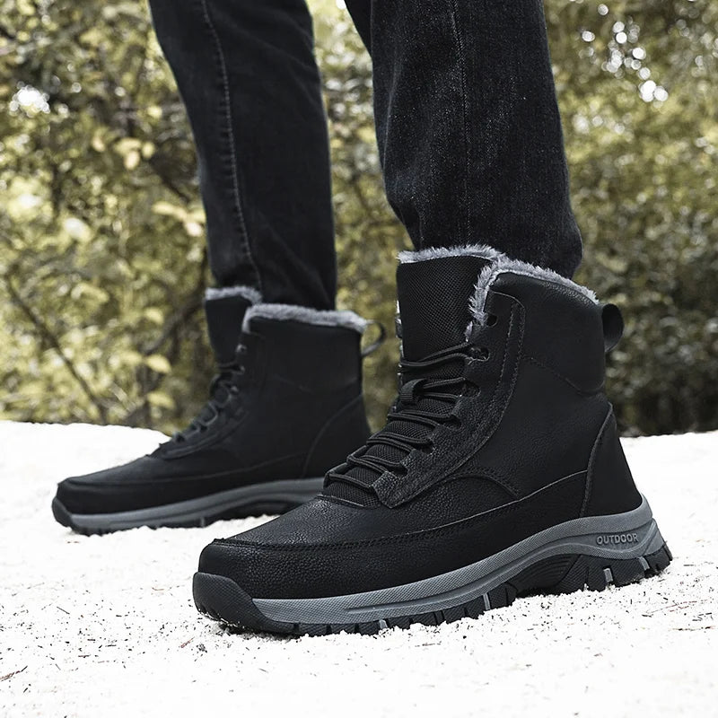 New Men's Hiking Boots Thickened Non-Slip Warm Flat High Top Boots Casual Winter Outdoor Leather Snow Boots Oversized Work Boots