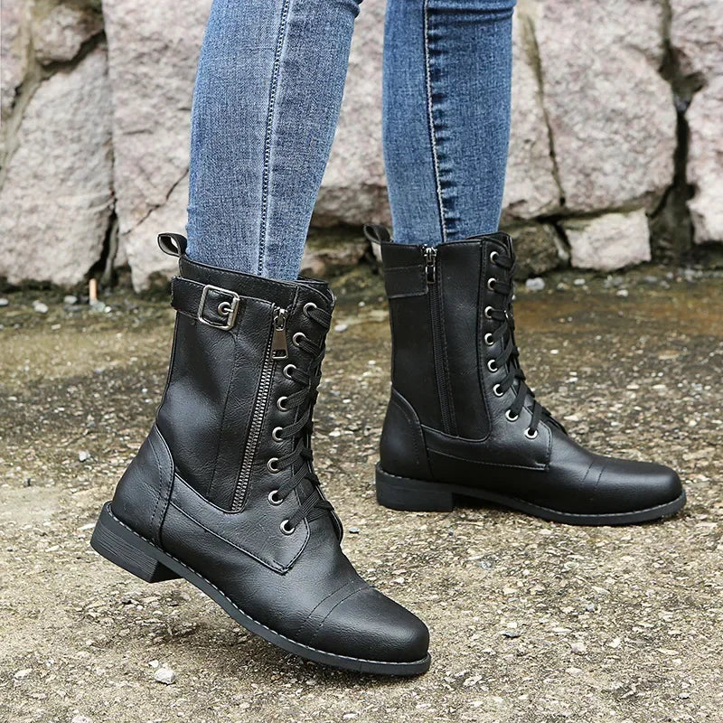 Women's Square Heels Ankle Booties Autumn Winter PU Leather Short Work Boots Woman Plus Size Lace Up Elastic Botas Mujer 2024