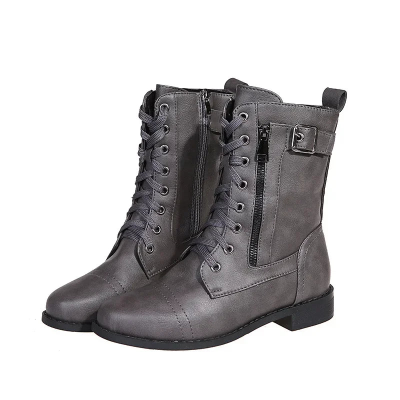 Women's Square Heels Ankle Booties Autumn Winter PU Leather Short Work Boots Woman Plus Size Lace Up Elastic Botas Mujer 2024