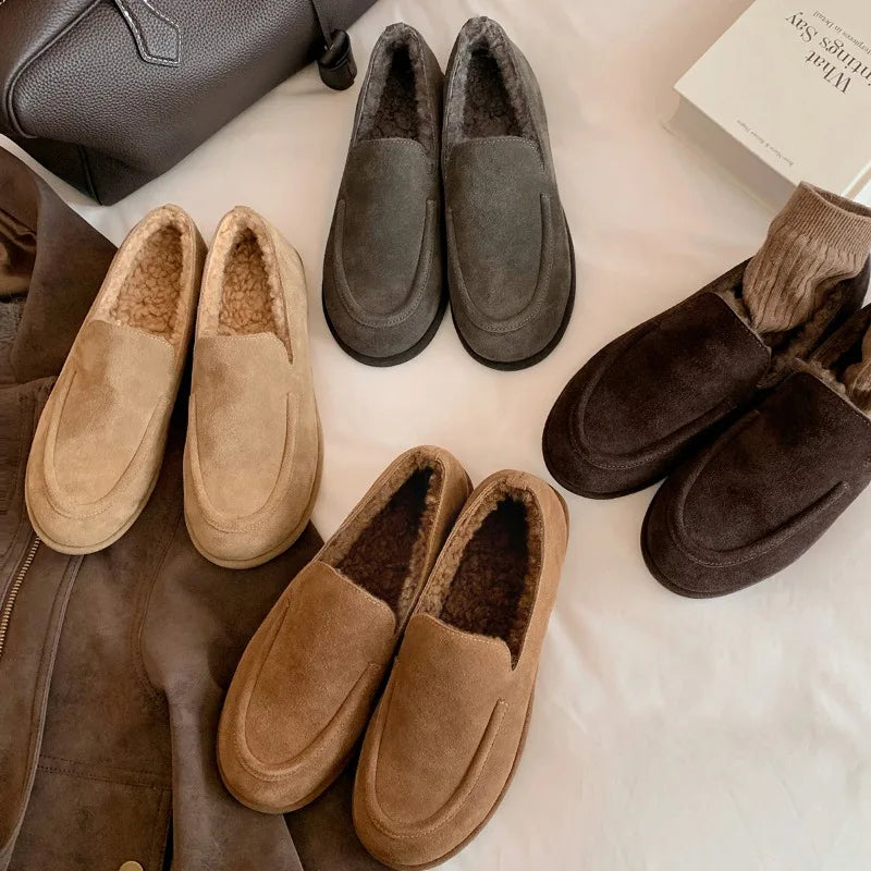 New Suede Leather Loafers Woman Round Toe Slip-on Casual Flat Shoes Wool Warm Winter Shoes Outdoors Walk Shoes Women