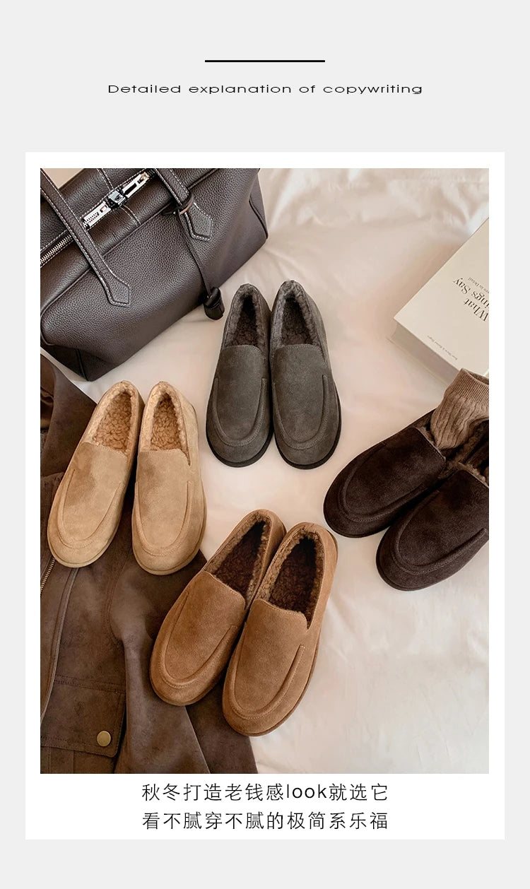 New Suede Leather Loafers Woman Round Toe Slip-on Casual Flat Shoes Wool Warm Winter Shoes Outdoors Walk Shoes Women