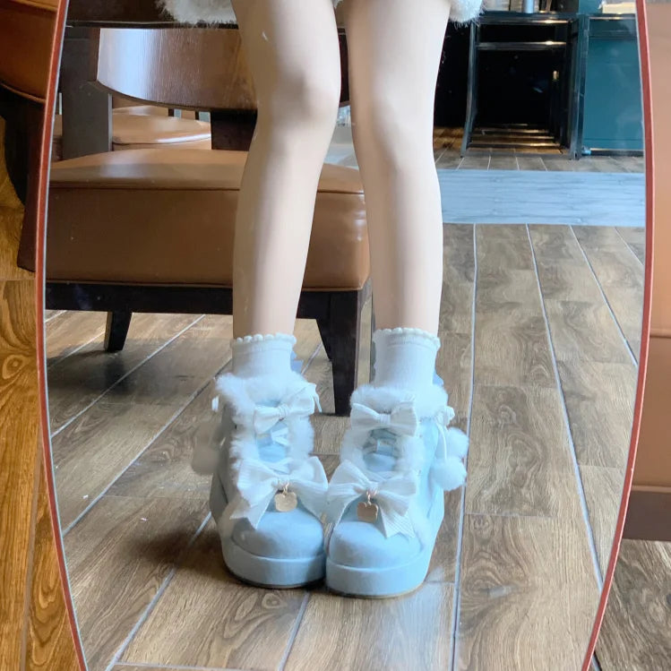 Sweet Girls Lolita Winter Snow Boots,Students Cute Plush Warm Bowknots PU Leather Lace Up Heightening Platform Shoes