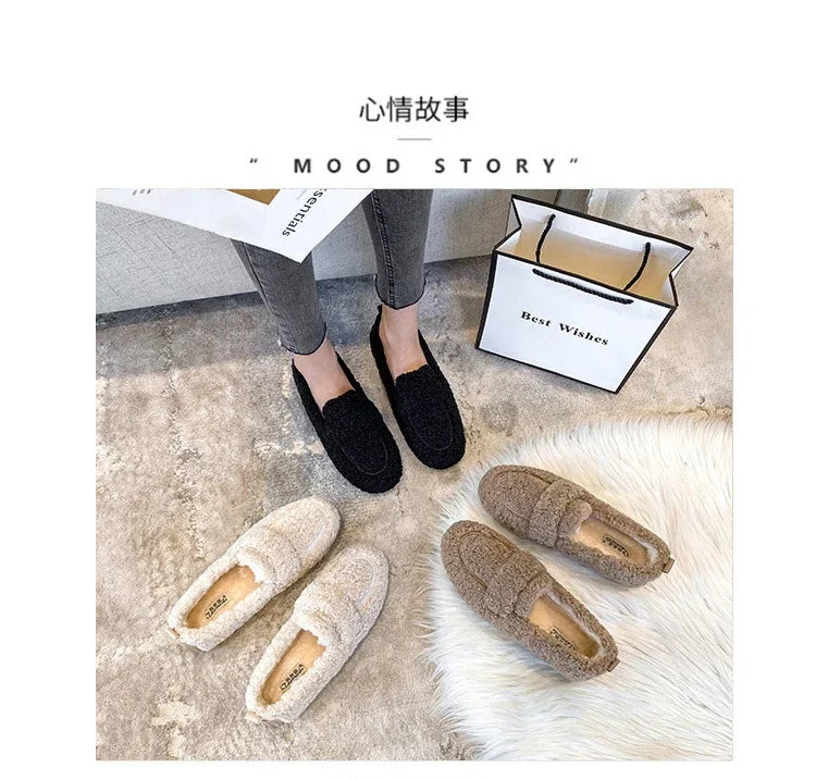 Lambwool Moccasins Femme Curly Sheep Fur Flats Woman Warm Plush Loafers Winter Cotton Shoes Women Furry Snow Boot