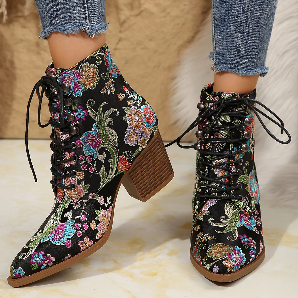 Ethnic Pointed-Toe Ankle Boots for Women Embroidered Platform Heels Fashion Spring Winter Ladies Shoes Botas