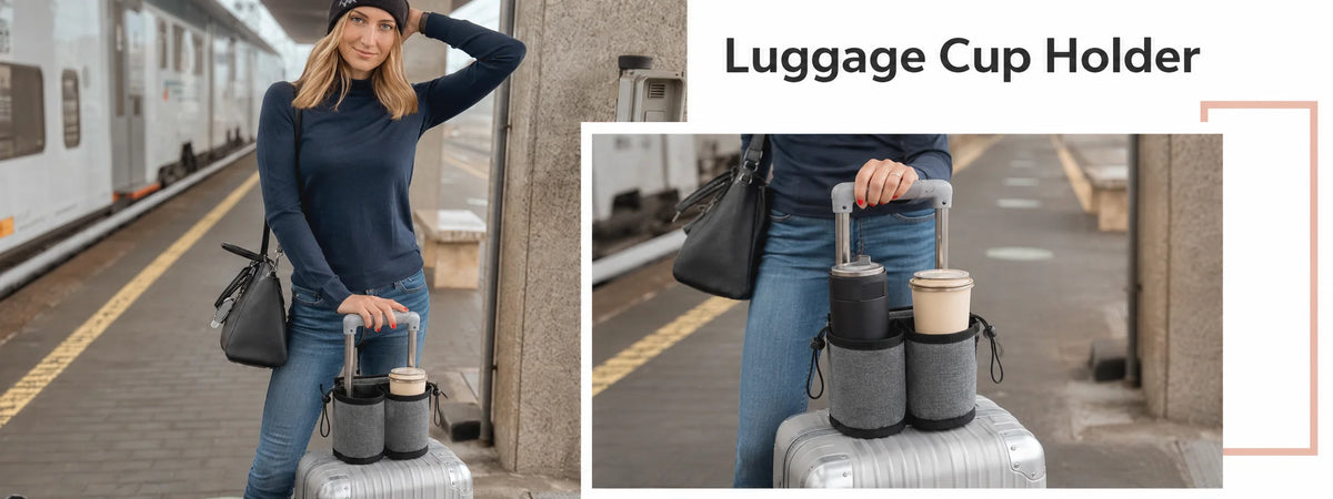 Travel Cup Holder for Suitcase Foldable Luggage Drink Holder Bag with 2 Cup Slots Back Pocket Organizer