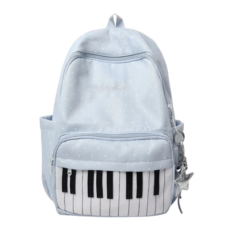 Polka Dot Piano Keyboard Backpack Back-to-school Girl Music Theme Embroidered Nylon Backpack Large Capacity Lightweight Backpack