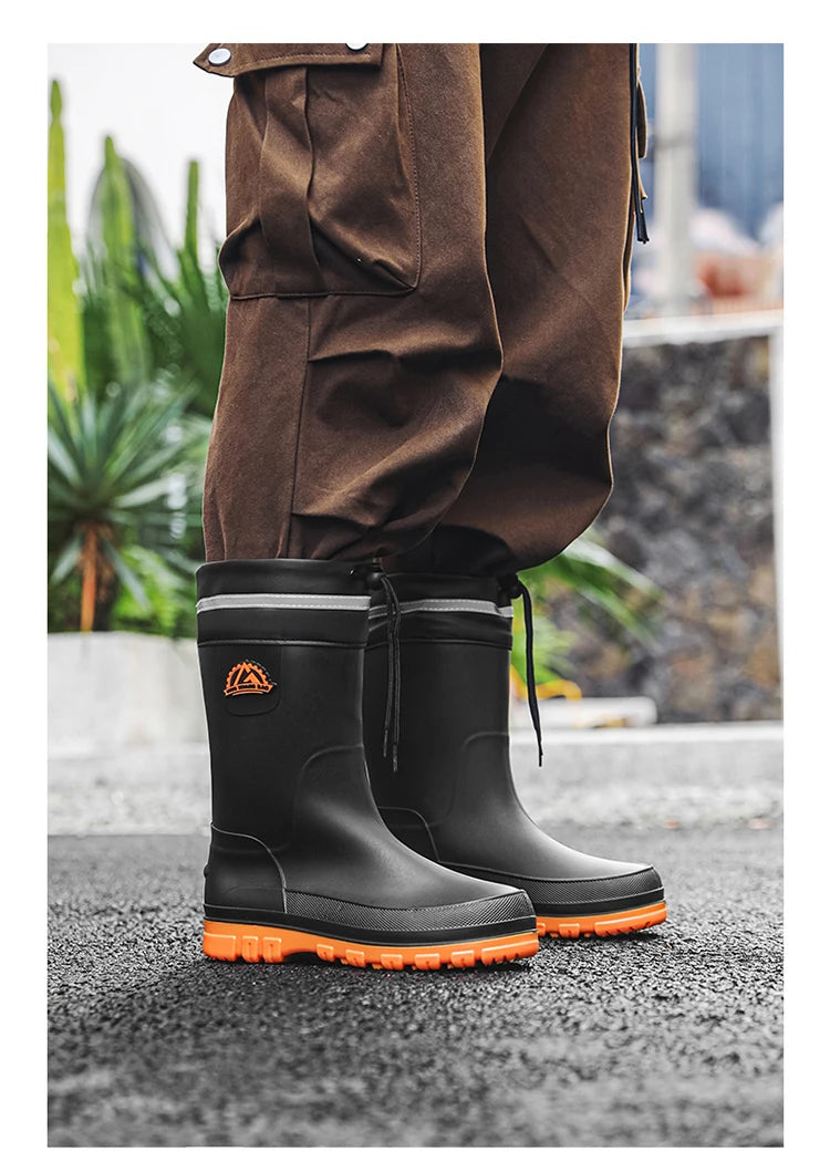 Men's Winter Fleece Lined Mid-Calf Rain Boots Anti-Slip Waterproof Work Rubber Boots Car Wash Fishing Outdoor Wear Water Shoes