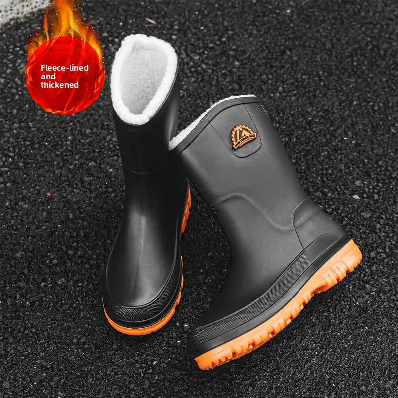 Men's Winter Fleece Lined Mid-Calf Rain Boots Anti-Slip Waterproof Work Rubber Boots Car Wash Fishing Outdoor Wear Water Shoes