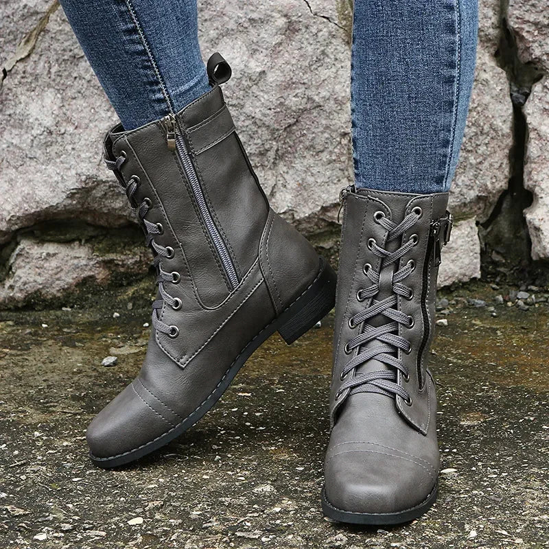 Women's Square Heels Ankle Booties Autumn Winter PU Leather Short Work Boots Woman Plus Size Lace Up Elastic Botas Mujer 2024